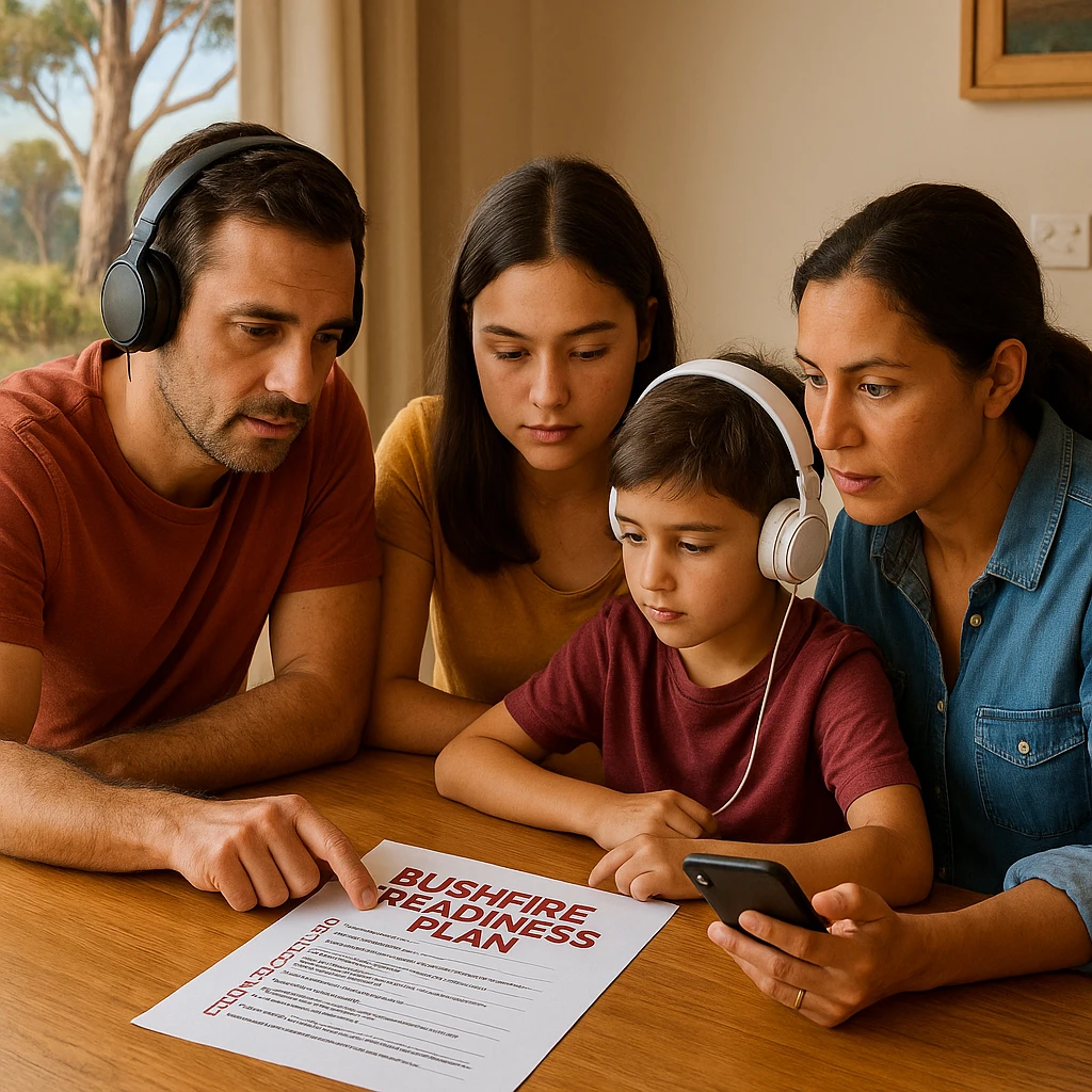Family reviewing a bushfire readiness plan with headphones and phone